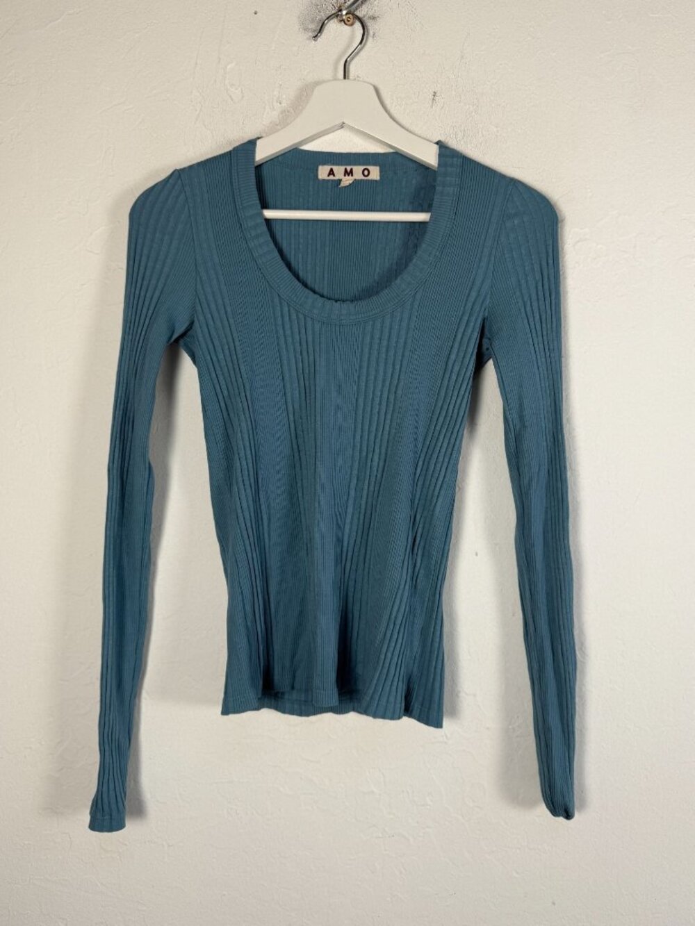 AMO Women's Small Blue Ribbed Scoop Neck Long Sleeve Tee Top Fitted Made in USA